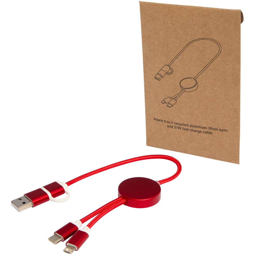Alasia 5-i-1 kabel 30 cm datasynkronisering og 27 W hurtigopladningskabel i genvundet aluminium og plast - rød