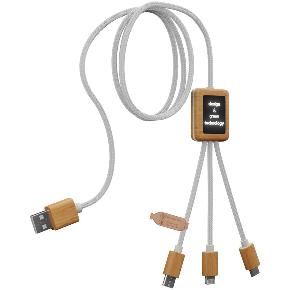 SCX.design C39 3-i-1 rPET ladekabel med lysende logo og firkantet bambus kabinet