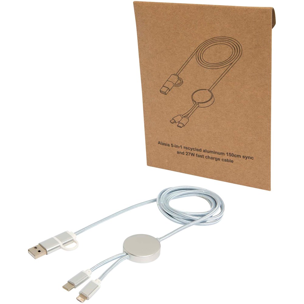 Alasia 5-i-1 kabel 150 cm datasynkronisering og 27 W hurtigopladningskabel i genvundet aluminium og plast - sølv