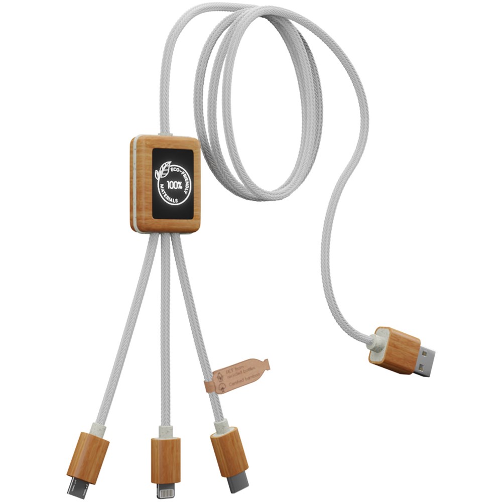 SCX.design C39 3-i-1 rPET ladekabel med lysende logo og firkantet bambus kabinet